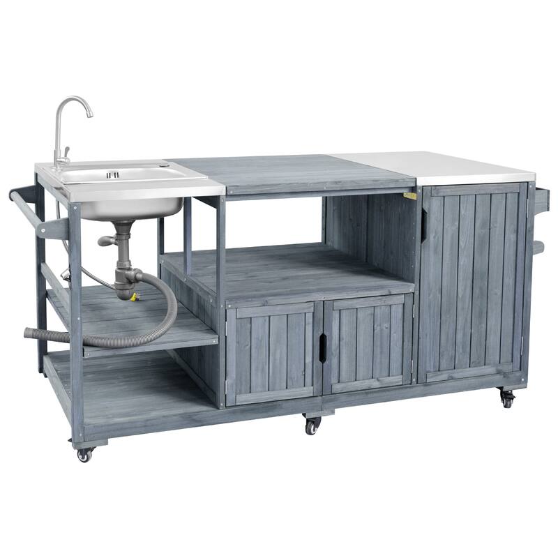 75.4" Rolling Outdoor Kitchen Island with Stainless Steel Top, Premium Solid Wood Grill Cart with Sink and Wheels for Outdoor