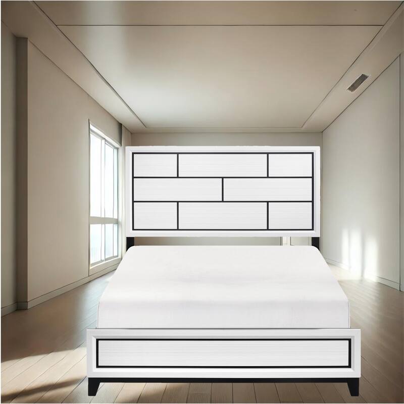 Sleek White Finish Platform Bed with Black Line Detailing - Available in Twin, Full, Queen, King Sizes - White - King