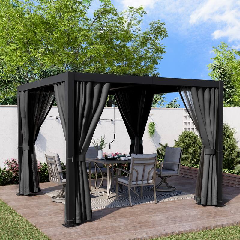 10 ft. x 10 ft. Aluminum Louvered Pergola with Adjustable Roof and Curtains