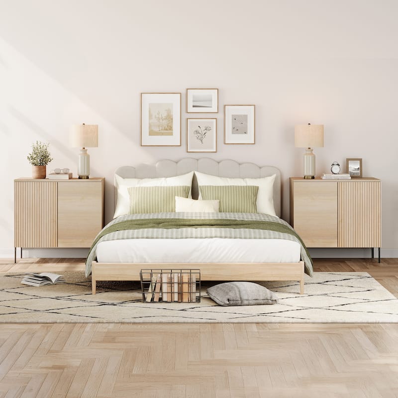 Modern Minimalist Wood Nightstand With Doors ,31.5" End Table,Reeded Design Bedside Table