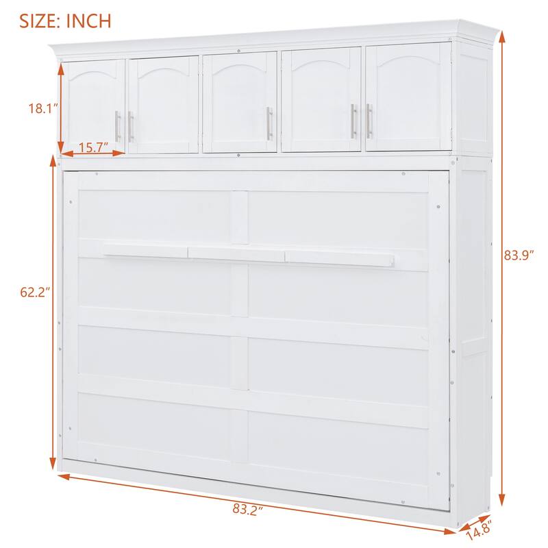 Full Size Wall Bed with Top Cabinets, White - Space-Saving Foldable Bed for Multi-Use Rooms