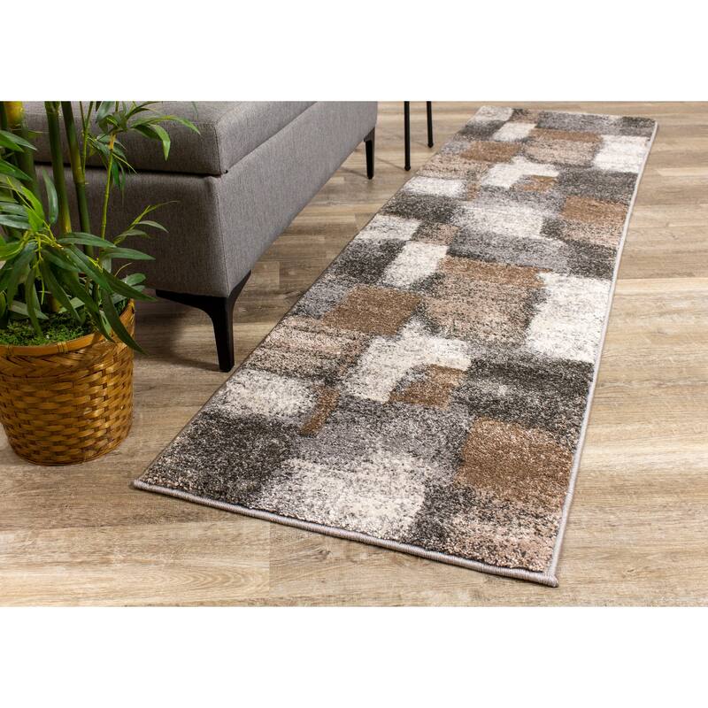 Brookfield Collection - Plush Brown/Grey Simple Patches Area Rug - 2'0" x 7'7"