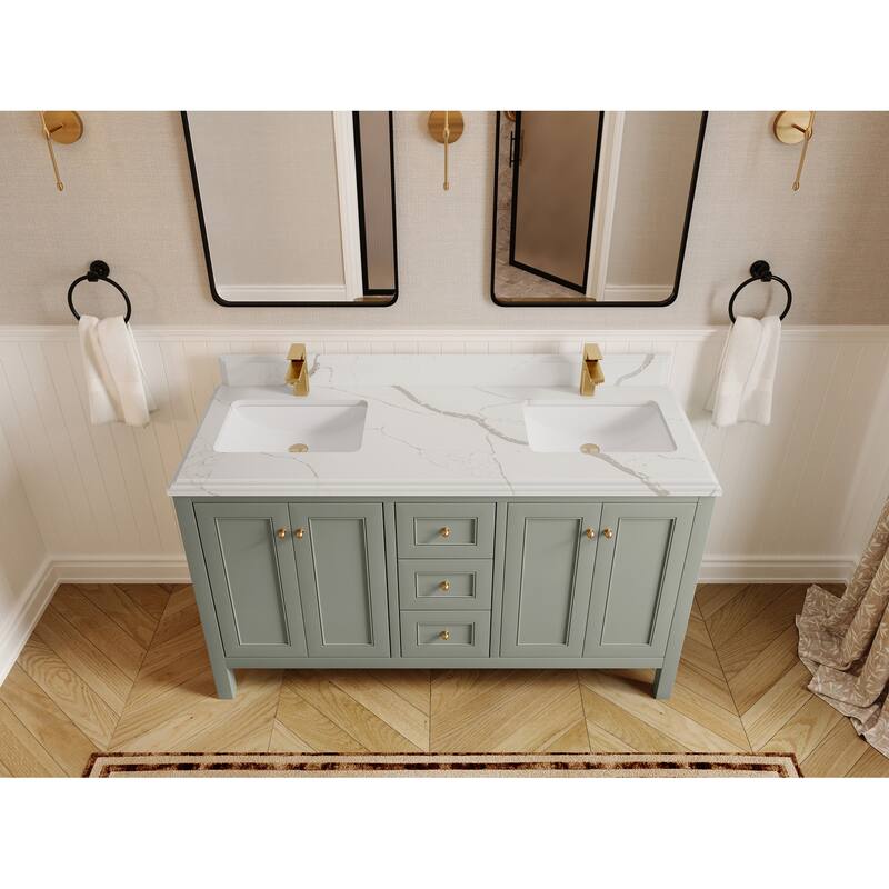 Willow Collections 60 in. W x 22 in. D Nashville Double Bowl Sink Bathroom Vanity with Countertop - 1.5"Calacatta Laza - Evergreen