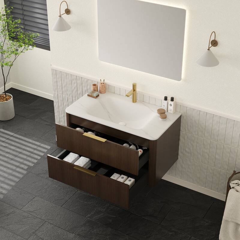 36" Floating Bathroom Vanity with Sink with Drawers, Carrara Sintered Stone Integrated Basin, Pre-Assembled
