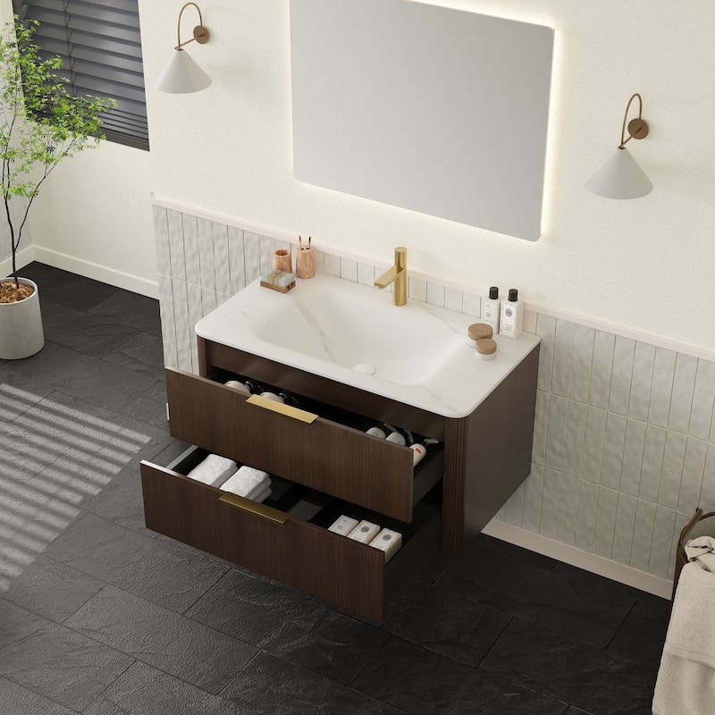 GDF Studio - Zane Bathroom Vanity with Ultra-Pinstriped Drawer Fronts & Carrara White Sintered Stone Basin, WITHOUT Faucet