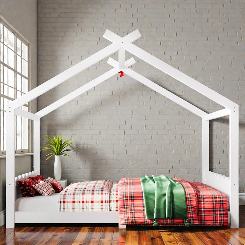 Kids Solid Wood House Floor Bed with Support Slats, Montessori Low Profile Bed, No Box Spring Needed - Light White - Queen