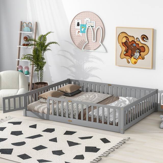 Twin/Full/Queen size Floor Platform Bed with Fence and Door for Kids, Toddlers - Grey - Queen