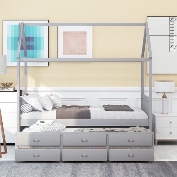 slide 2 of 22, Twin Size House Bed with Trundle & 3 Storage Drawers Grey