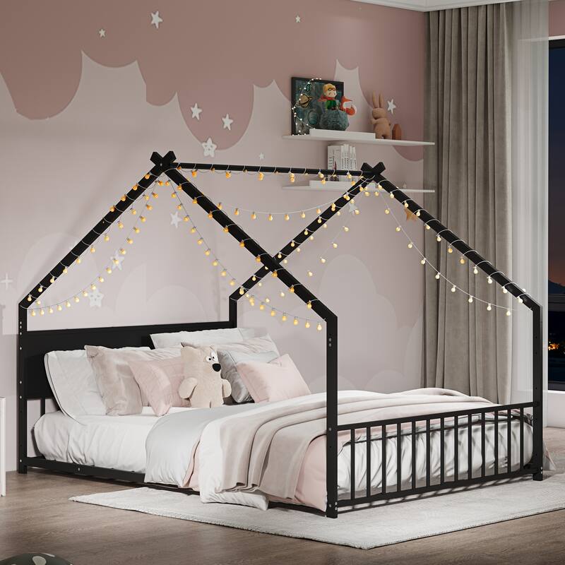 Full Size House Bed with Roof, LED Lights, and Sturdy Metal Frame for Kids and Teens