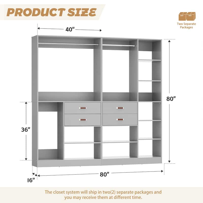 80''W Set of 2 Freestanding Closet System with Drawers, Reversible Wardrobe for Walk-in/ Reach-in Closet