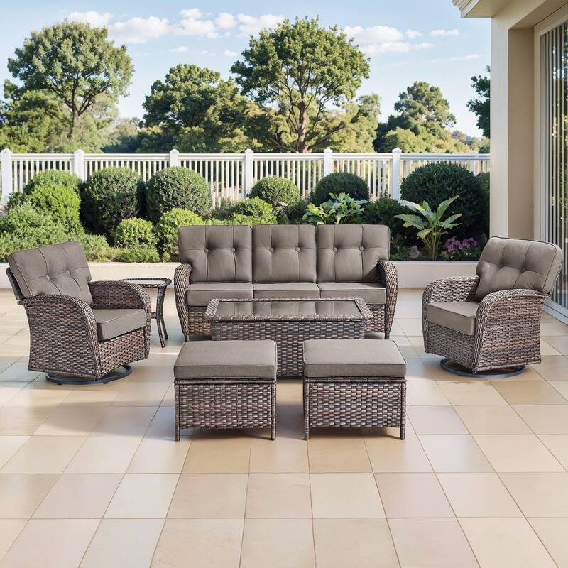 Gymojoy Outdoor Wicker Patio Furniture Set, 5" Thick Cushioned Rattan Set with Swivel Chairs & Coffee Table - Brown Wicker / Grey Cusion - 7-Piece