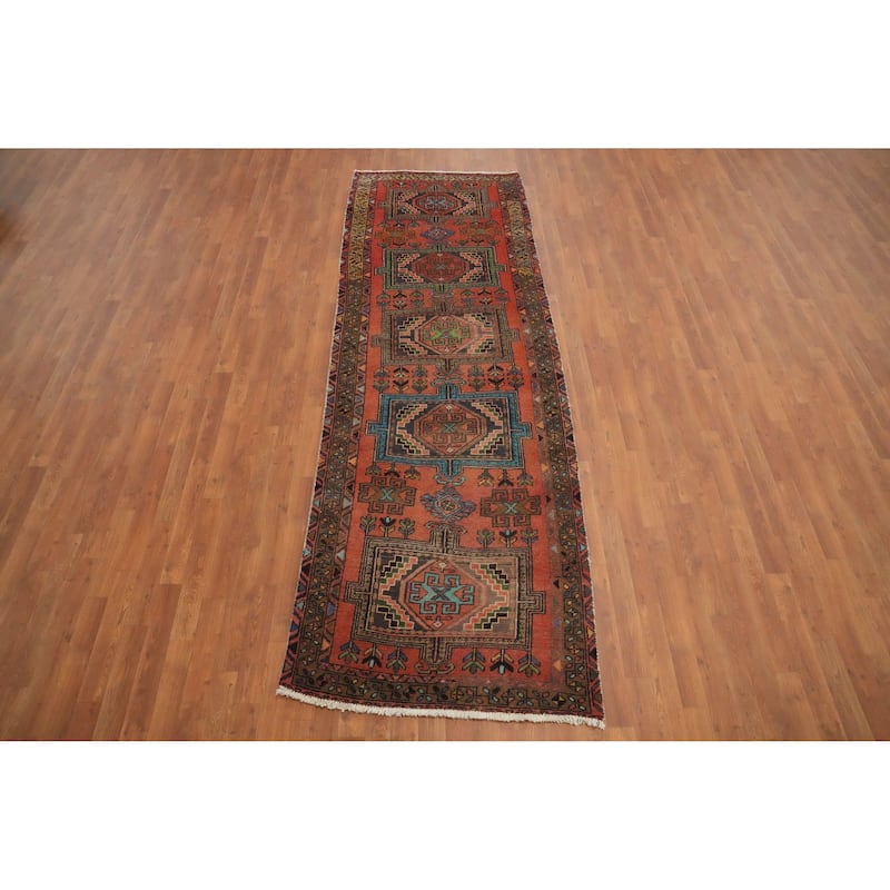 Hand Knotted Oriental 100% Wool Carpet Traditional Tribal Oranges & Rust Hamedan Runner Rug - 10' 1'' X 3' 5''