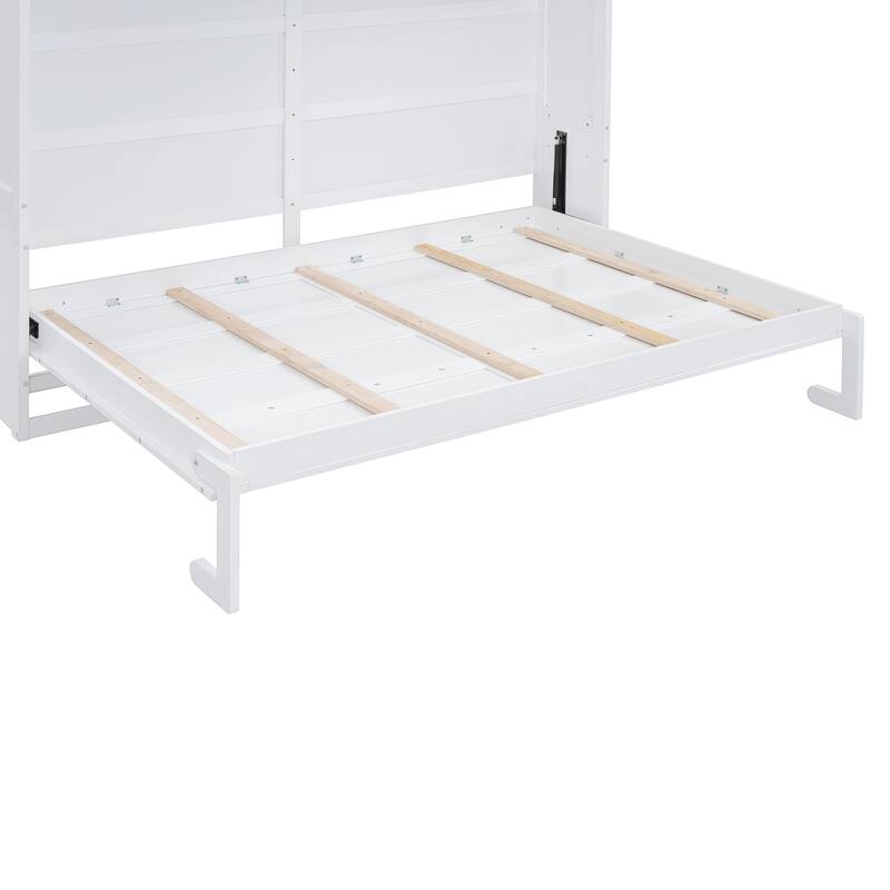 Queen Size Foldable Wall Bed with Top Cabinets, Space-Saving Design, White