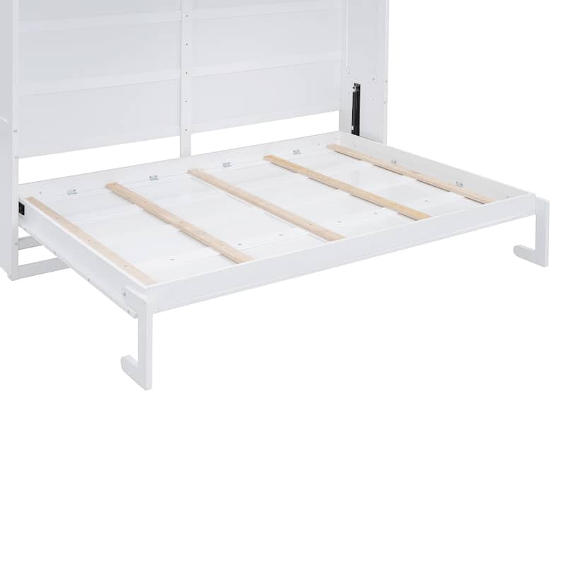 White Solid Wood Murphy Bed Chest with Top Cabinets, Storage Wall Platform Bed with Wood Slat Support/Space Saving, Queen