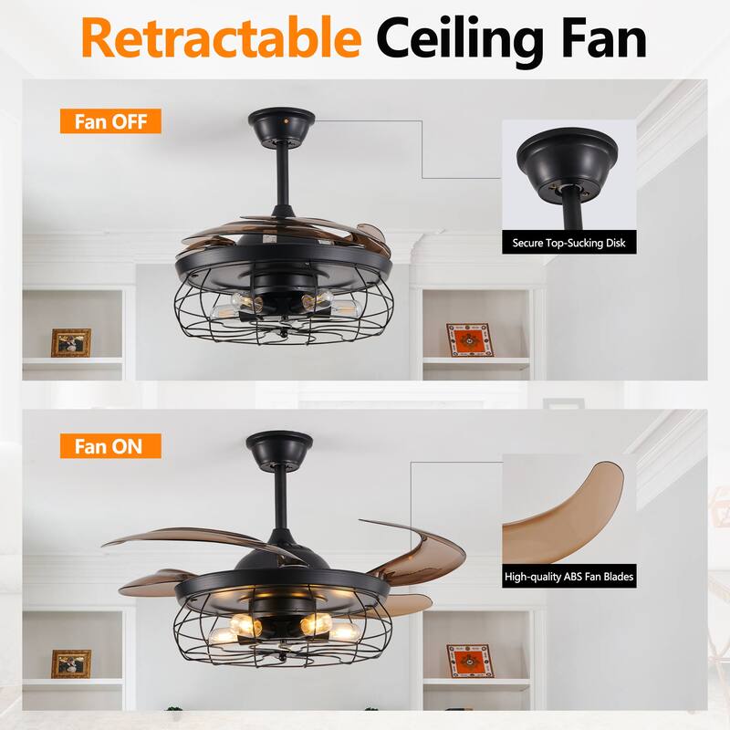 48 Inch Retractable Caged Ceiling Fan with Remote, Industrial 6-Speed/Reversible/DC Motor Ceiling Fan (Bulb Not Included)