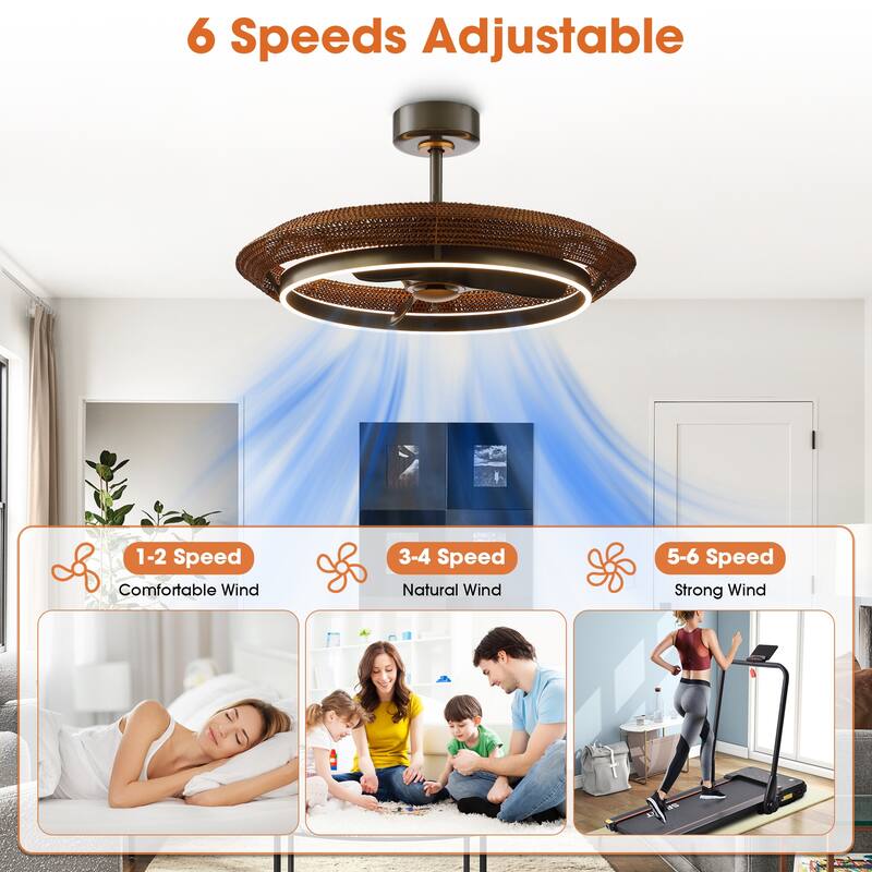 33" Coastal Rattan Fandelier Bladeless LED Ceiling Fan with Light and Remote