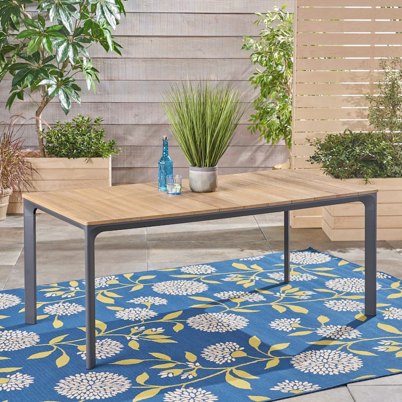 Roomfitters Rectangular Outdoor Dining Table with Faux Wood Top and Metal Frame, Weather-Resistant Patio Table, Natural - Natural