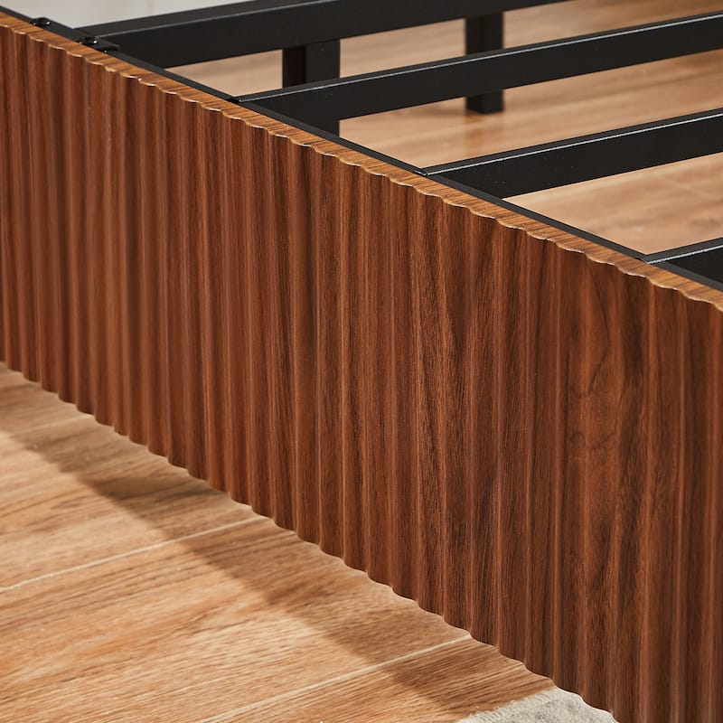 Low Profile Platform Bed, Wooden Corrugated Curved Lines Headboard Wingback Bed, Metal Slat Support Bed Frame