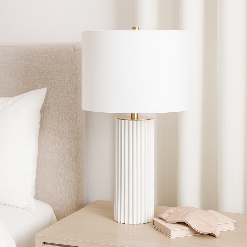 Ceramic Table Lamp Pleated Base with Fabric Drum Shade - 27" White - 27.0" - White - 27.0"