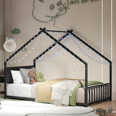 House Bed with Roof and Colorful Lights, House-shaped Frame Floor Bed with House Roof Frame, Metal Bed Frame with Slats and Legs