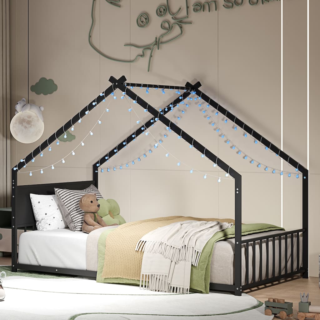 Twin Size Canopy House Bed with LED Lights, Metal Frame for Kids & Teens, No Box Spring Needed (Black)