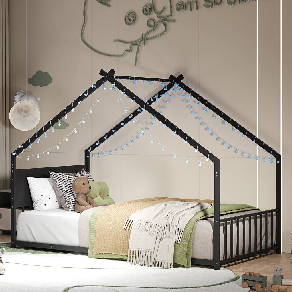 Twin Size House Bed with Roof and Colorful Lights, Metal Bed Frame with Slats and Legs, House Bed