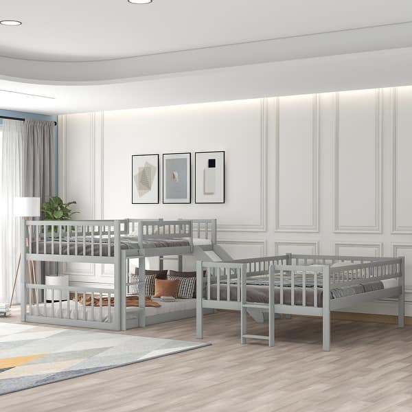 slide 2 of 15, Triple Full Bunk Bed with Slide, Ladder & Guardrails - Safe & Spacious Gray - Full