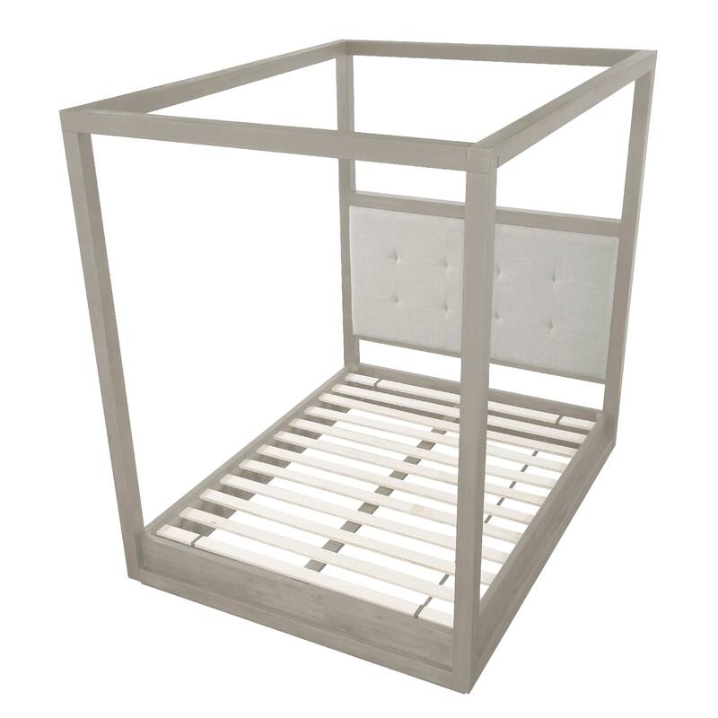 Kim Upholstered Acacia Wood Platform Canopy King Bed, Tufted, Heather Gray