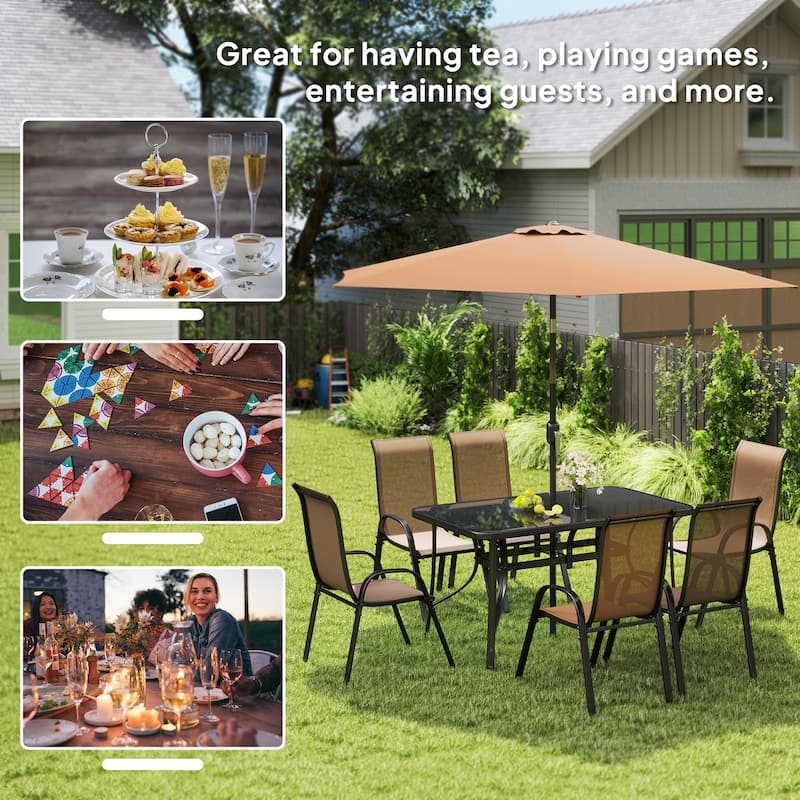 7-Piece Patio Furniture Set with Aluminum Table and Mesh Chairs Included Large Outdoor Umbrella - 55.1" L x 29.5" W x 28" H
