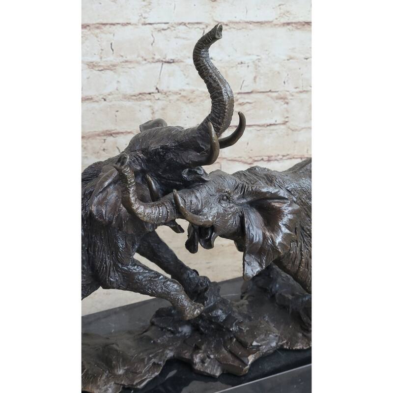 Imitative Elephants In Battle Bronze Sculpture Hot Cast Marble Base Figurine Wild Life Art