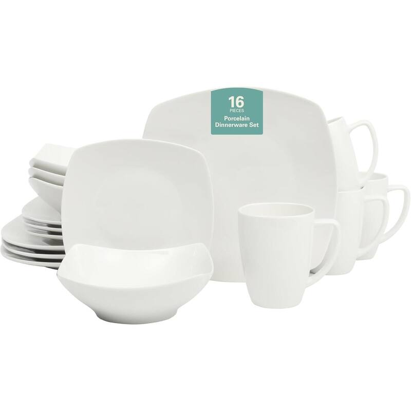 Modern White Square Porcelain Dinnerware Set 16 Piece Service for 4 Microwave and Dishwasher Safe - White