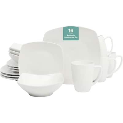 Modern White Square Porcelain Dinnerware Set 16 Piece Service for 4 Microwave and Dishwasher Safe