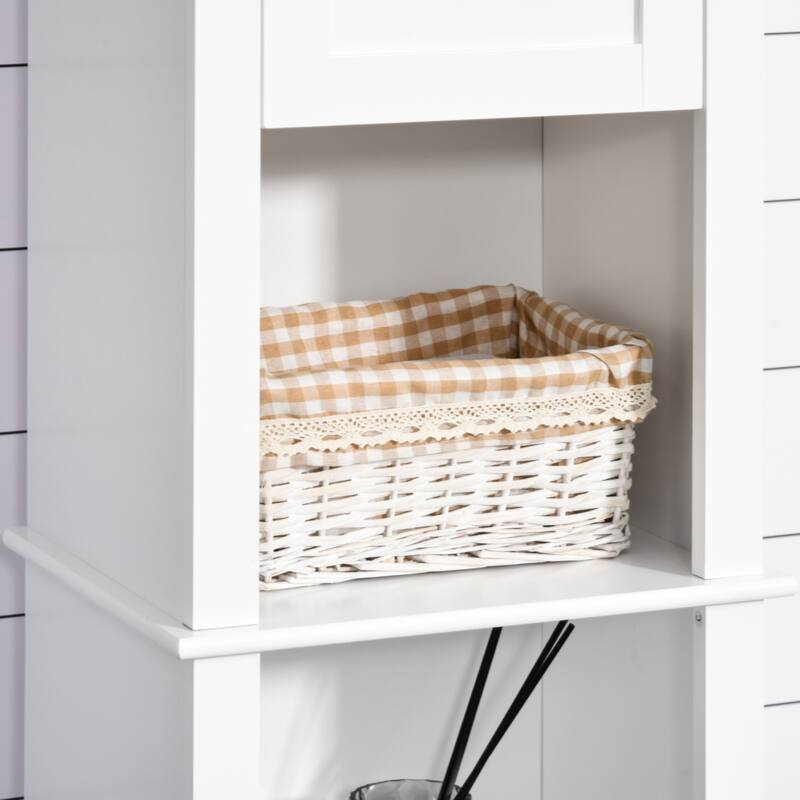 Tall Bathroom Storage Cabinet, Freestanding Linen Tower with 2-Tier Shelf and 2 Cabinets, Narrow Side Floor Organizer, White