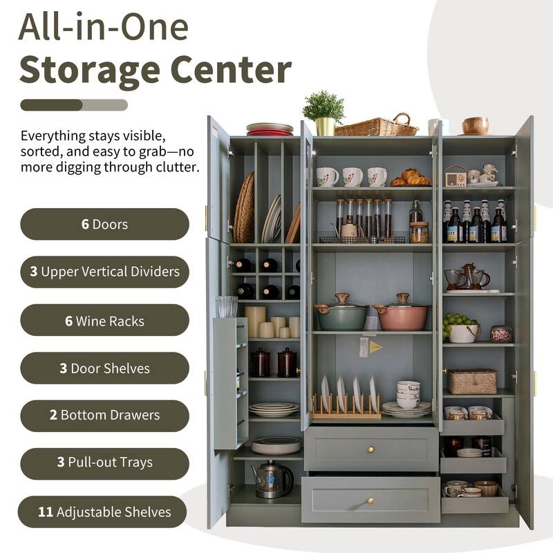 Modern 71" Tall Kitchen Pantry with Storage Cabinet, 6 Doors , Drawers, Adjustable Shelves,Pull-out Trays and Wine Rack