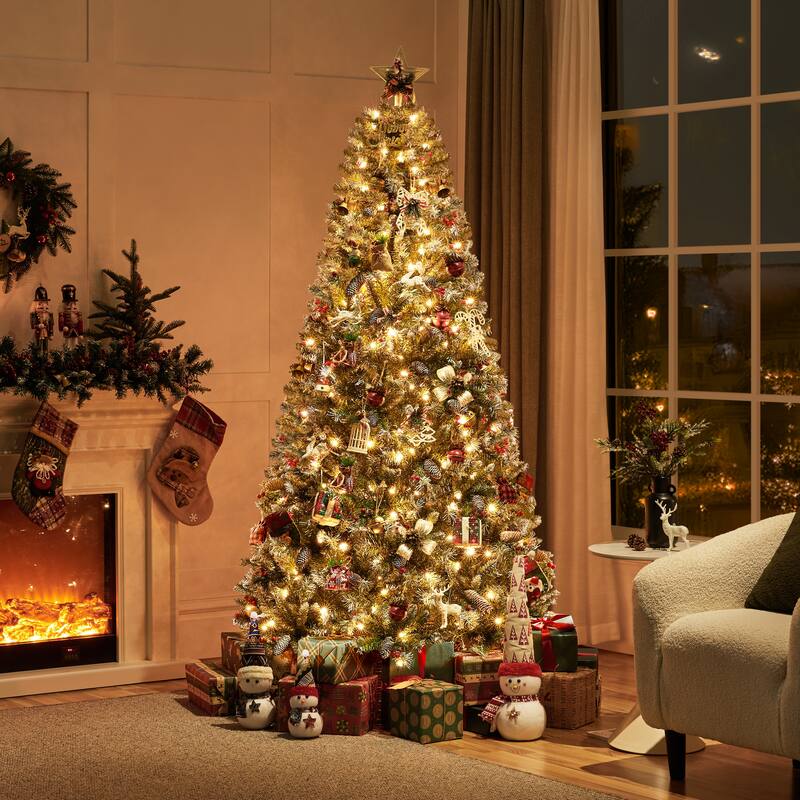 Yaheetech 6ft/7.5ft Pre-lit Frosted Artificial Christmas Tree with Pinecones & Holly Berries, Green - 7.5 Foot