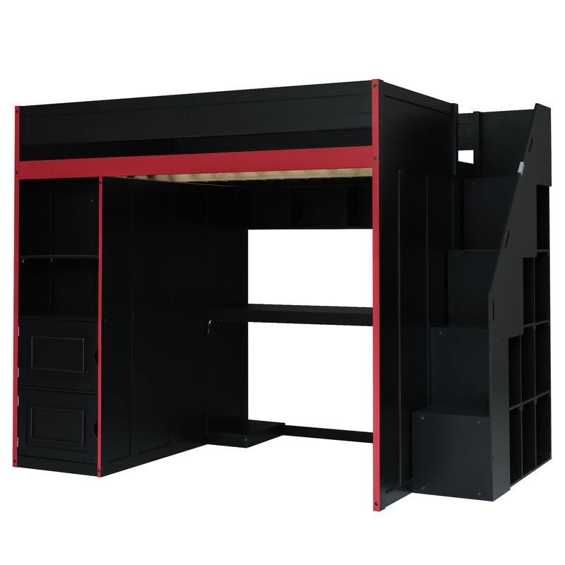 Roomfitters Twin/Full Gaming Loft Bed with Desk, Storage Locker and LED Lights, Black