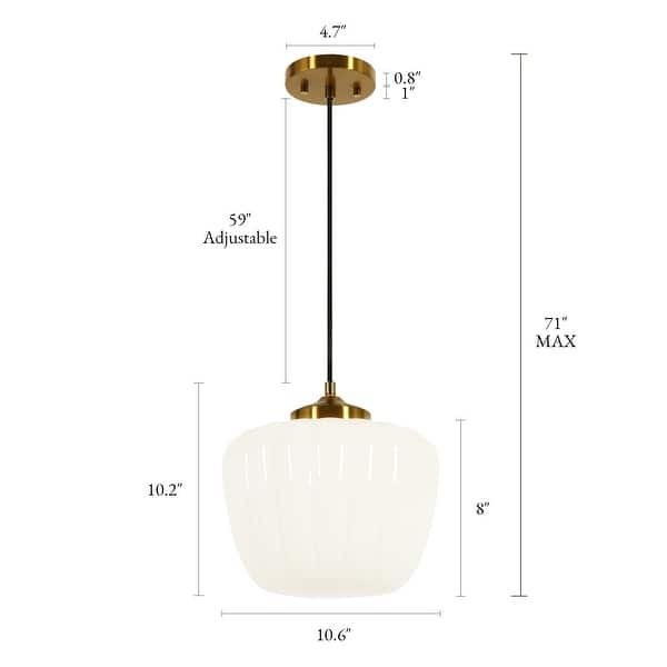 dimension image slide 1 of 2, Modern Glam 1-Light White Brass Ribbed Opal Milk Glass Pendant Light for Dining Room - 11"