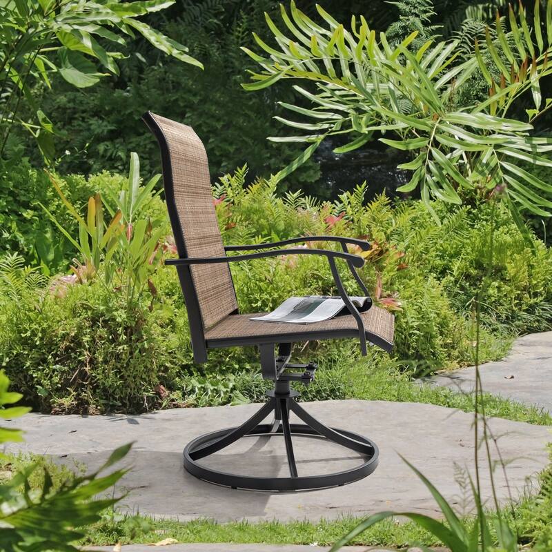 Brown Swivel Textilene and Iron Outdoor Patio Chairs with Powder-coated Finish