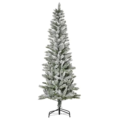 6ft Artificial Snow Flocked Pine Christmas Tree, Slim Design with 394 Tips, Automatic Open, Steel Base