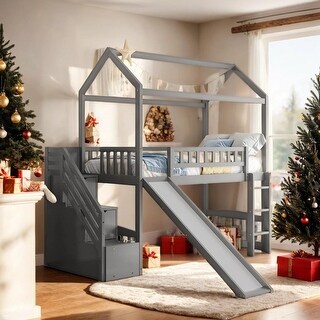 Friendly Design Twin Loft House Bed with Two Drawers and Slide, Maximized Space Saving, Health and Comfort, Grey