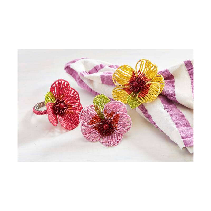 Glass Beaded Flower Napkin Ring Fushsia Pink, 3.5L x 2.0W x 2.0H