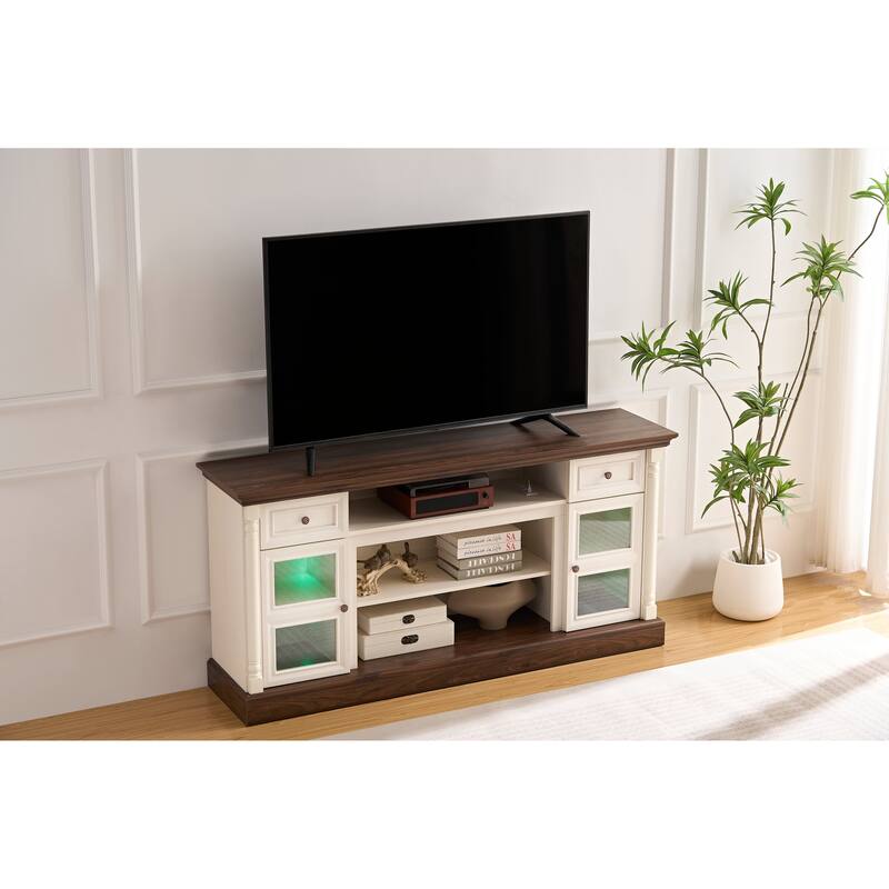 Farmhouse-Style Roman Column Styling Fireplace TV Stand with LED Lights, Glass Door Cabinets and Drawers, for Living Room
