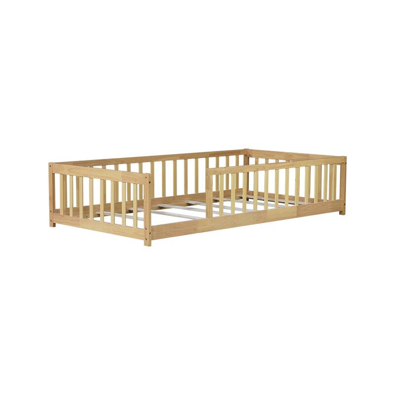 Twin Size Floor Bed with Fence without Door, Rubber Wood Floor Bed with Safety Guardrails