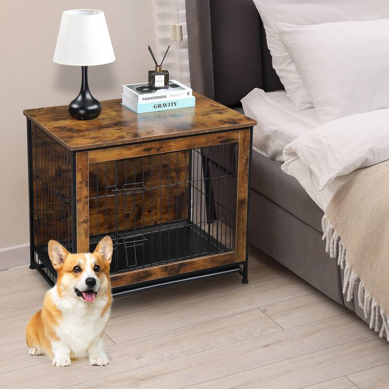 Rustic Brown Wooden Double Doors Dog Crate with Cushion and Adjustable Feet