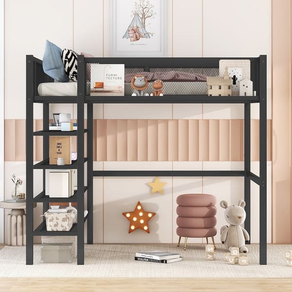 slide 2 of 9, Twin Size Metal Loft Bed with Four Storage Shelves Black