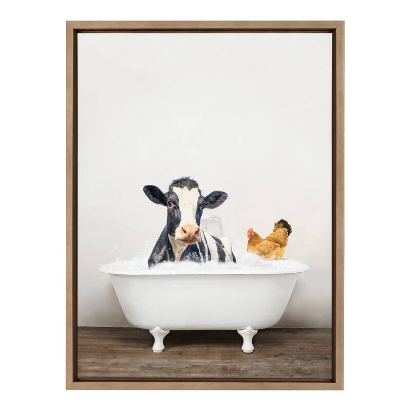 Kate and Laurel Cow Chicken in Bath Framed Canvas by Amy Peterson
