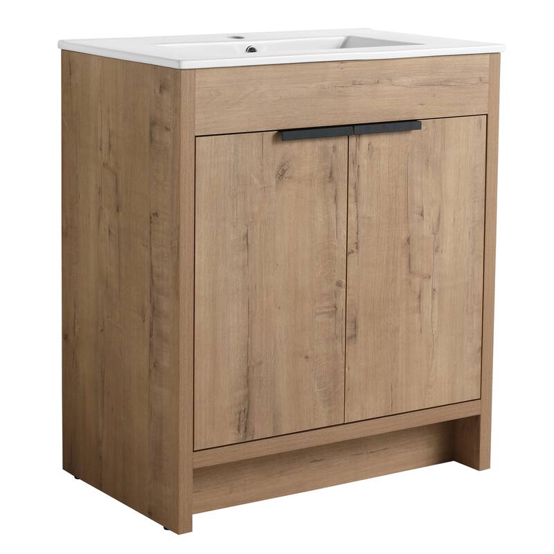Freestanding Bathroom Vanity with Ceramic Sink, Adjustable Shelf, Metal Handles, Soft Closing Hinges - 30in L Plywood
