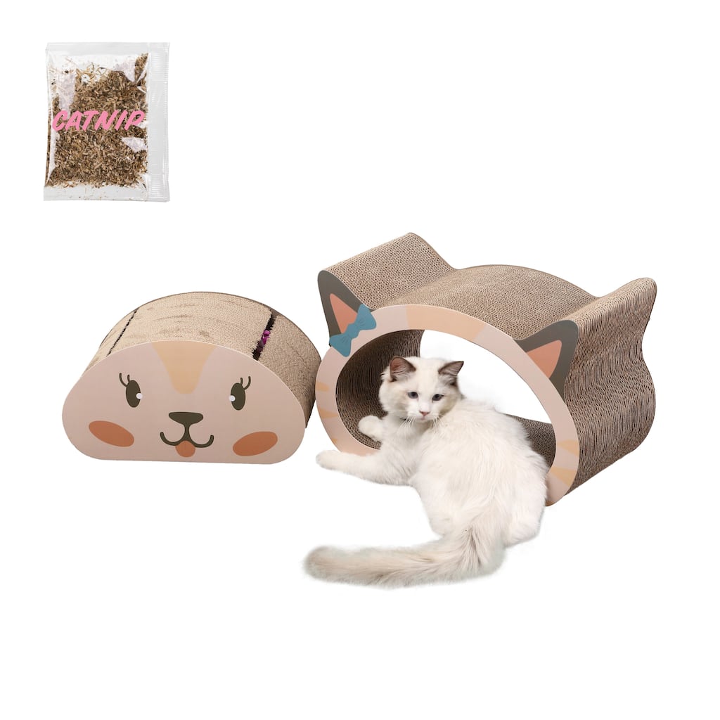 Opal 19" Modern Cardboard Happy Cat Head 2-in-1 Cat Cave Scratcher with Built-In Bell Toys and Catnip, Cream/Peach