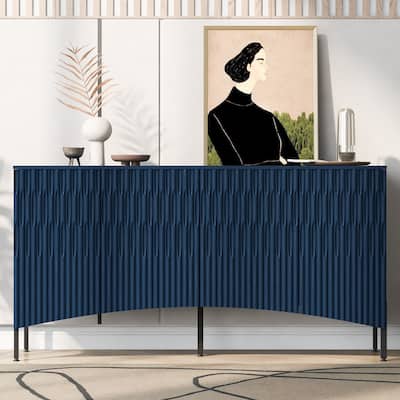 Elegant 4-Door Sideboard, Curved Bottom Doors & Arched Groove Design, Navy Blue