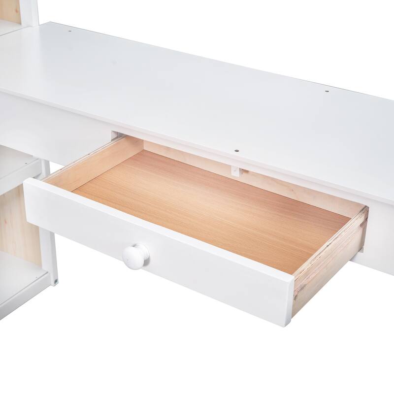 Wood Twin/Full Size Loft Bed with Built-in Desk and Shelves, Twin/Full Bedframe w/Full-Length Guardrails, for Kids Teens Adult